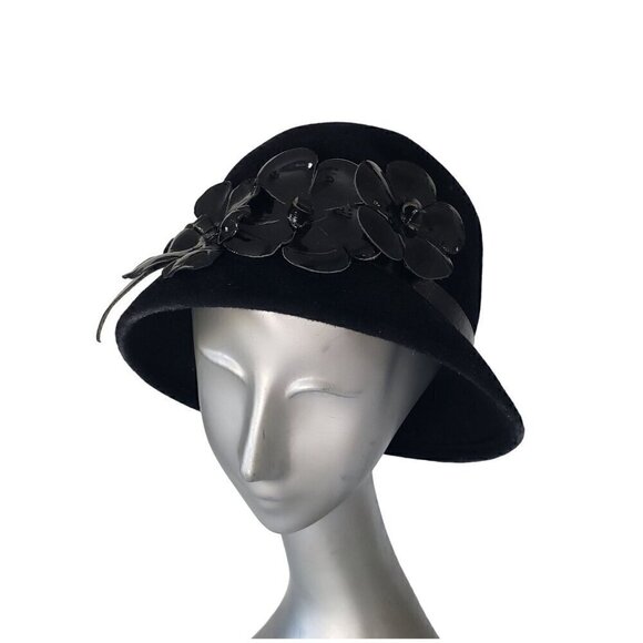 Vtg Frank Olive Patent Leather Flowers & Trim Black Wool Bucket Cloche Hat Boho main image 4